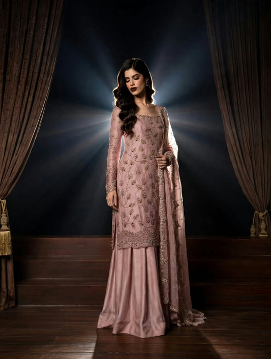 Peach Pink Pure Crinkle Chiffon Suit with Cutdana Work