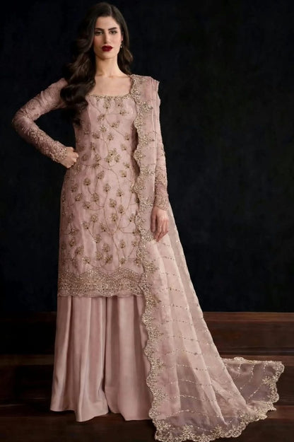 Peach Pink Pure Crinkle Chiffon Suit with Cutdana Work