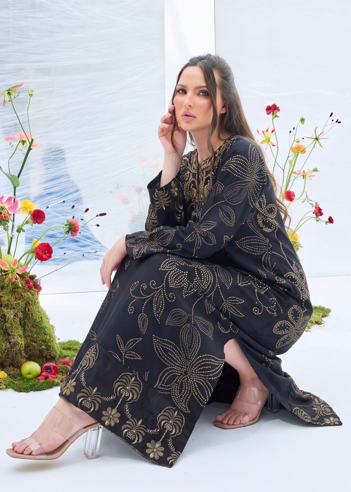 Patchwork Black Dhanak Kaftan Online in Dubai UAE Abudhabi Ajman Sharjah