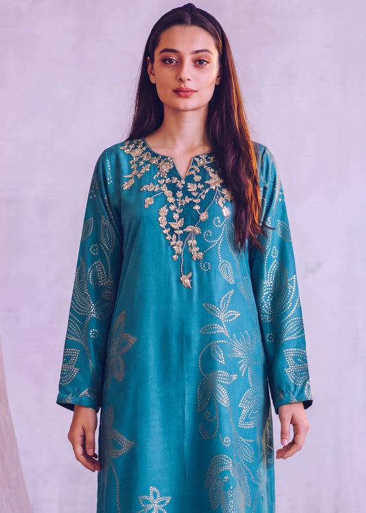 Patchwork Dhanak Kaftan Steel Blue Online in Sri Lanka India Australia