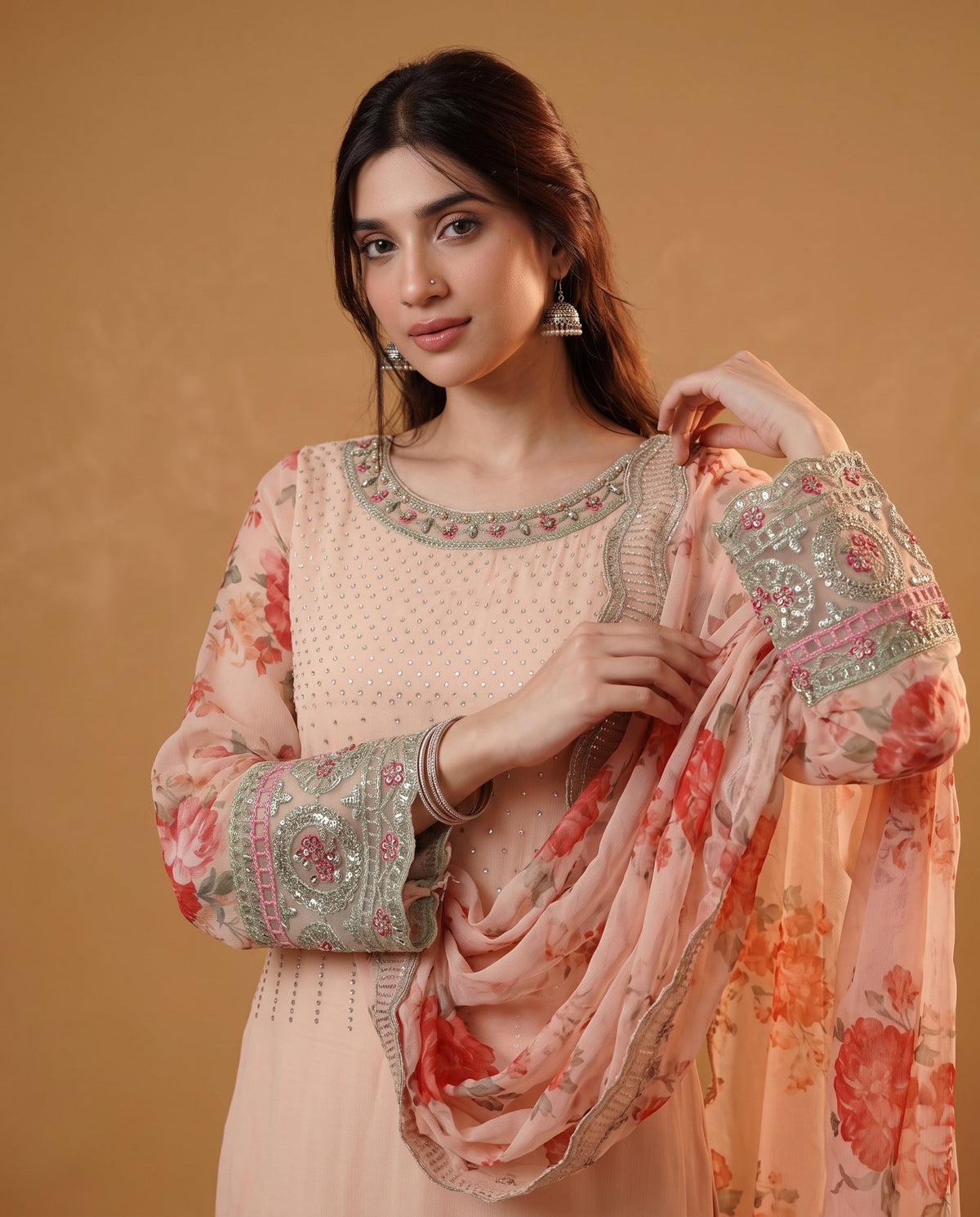 Peach Chiffon Embellished Salwar Kameez Online in KSA Riyadh Saudi Arabia Oman Bahrain Qatar