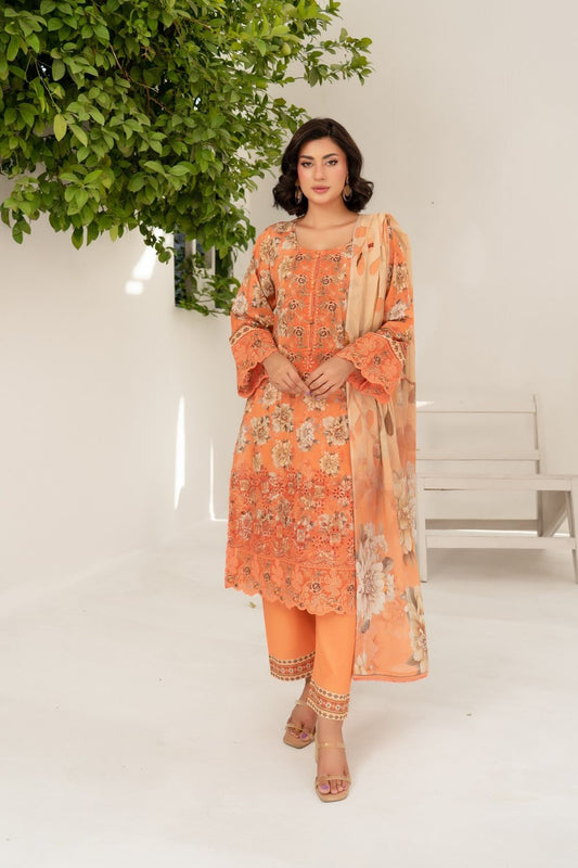 Peach Digital Print Embroidered Lawn Suit Online in Dubai UAE Abudhabi Ajman Sharjah