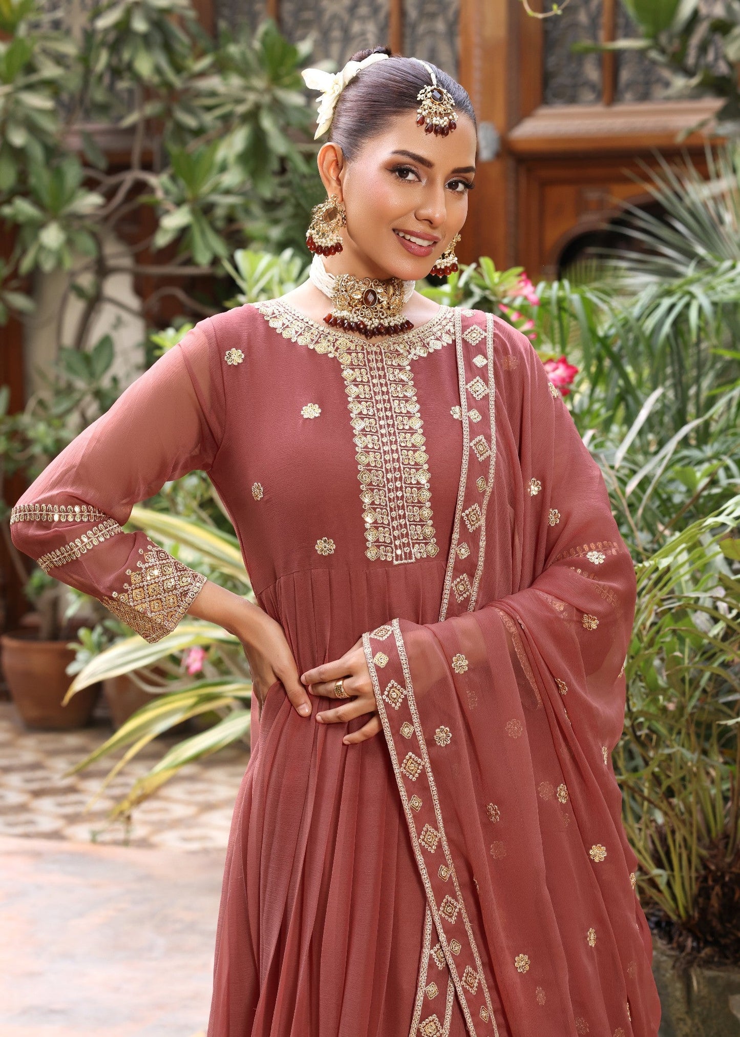 Peach Embroidered Chiffon Ladies Partywear Suit Online in UK USA Canada