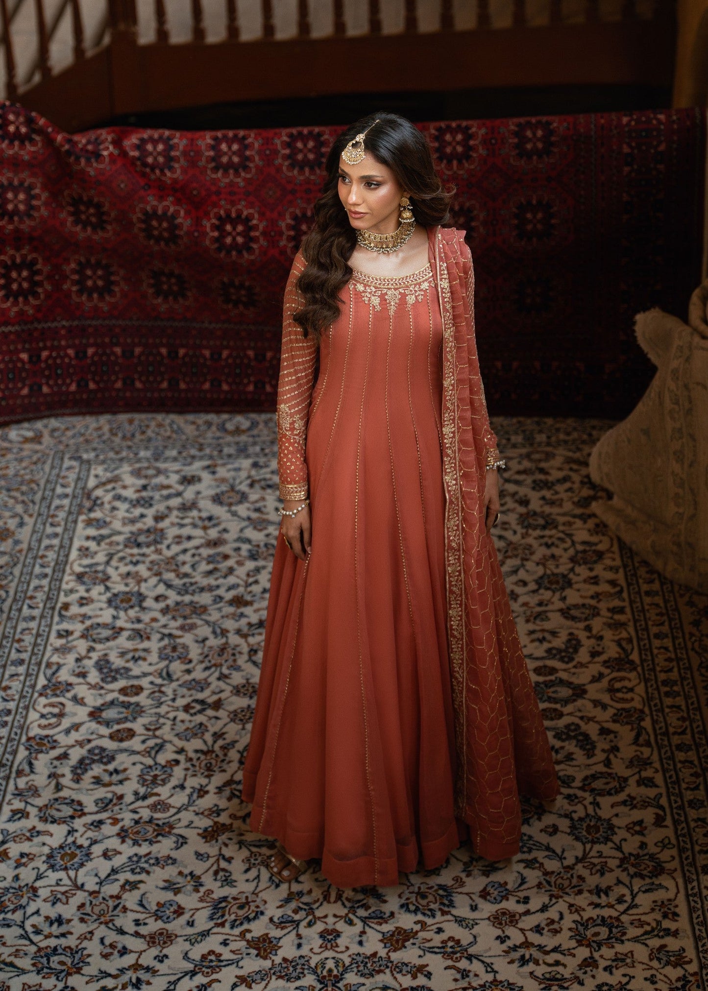 Peach Embroidered Chiffon Ladies Suit Online in KSA Riyadh Saudi Arabia Oman Bahrain Qatar
