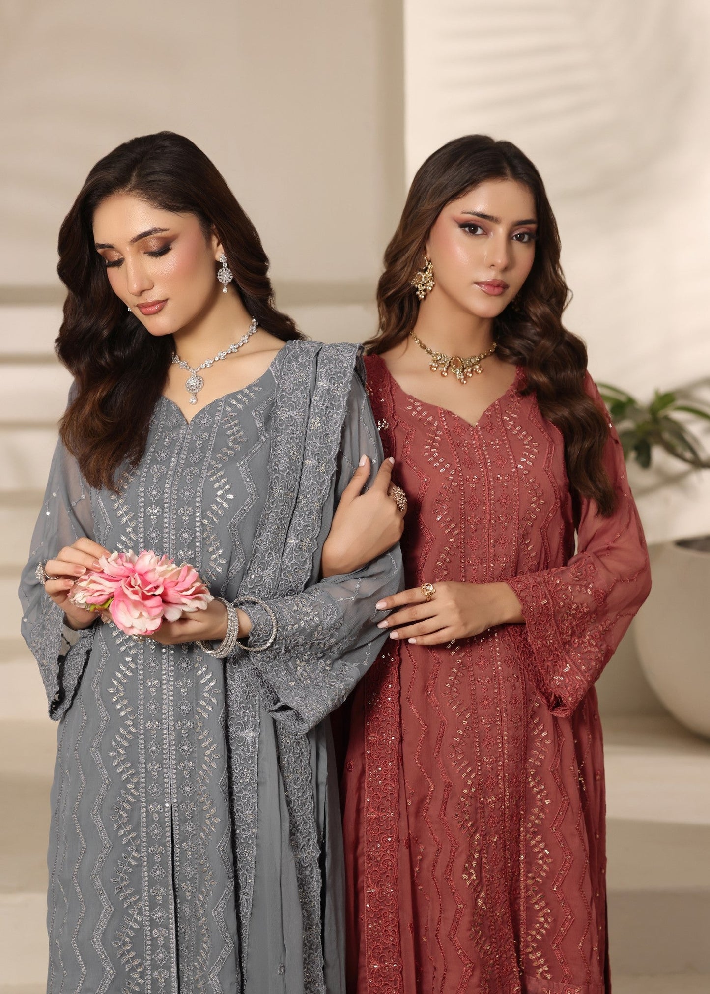 Peach Embroidered Chiffon Party Wear Outfit Online in UK USA Canada