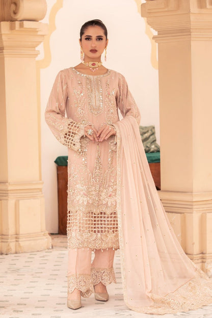 Peach Embroidered Chiffon Partywear Suit Online in Dubai UAE Abudhabi Ajman Sharjah