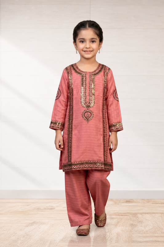 Peach Embroidered Cotton Girls Kurta Set Online in Dubai UAE Abudhabi Ajman Sharjah