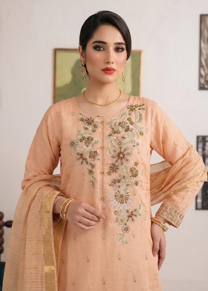 Peach Embroidered Cotton Three Piece Pakistani Suit Online in KSA Riyadh Saudi Arabia Oman Bahrain Qatar