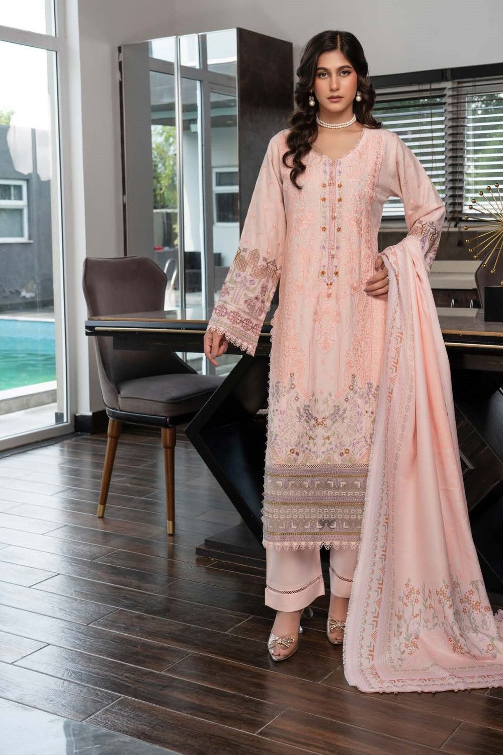 Peach Embroidered Dhanak Salwar Suit Online in Dubai UAE Abudhabi Ajman Sharjah