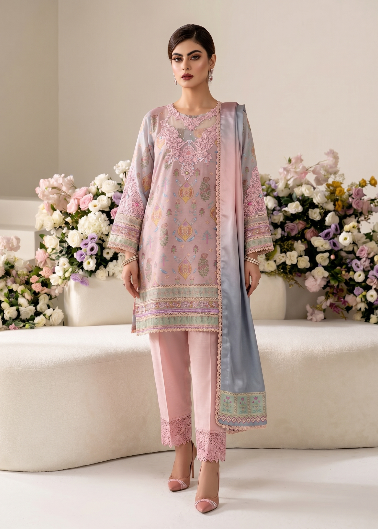 Peach Embroidered Farshi Shalwar Raw Silk Suit Online in UK USA Canada