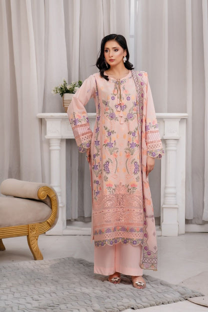 Peach Embroidered Festive Lawn Shirt Dupatta Plazo Online in Dubai UAE Abudhabi Ajman Sharjah