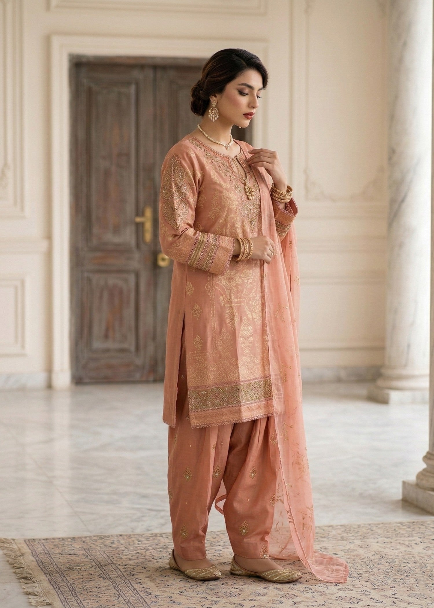 Peach Embroidered Festive Wear Suit Online in Dubai DXB UAE Abudhabi Meena Bazaar