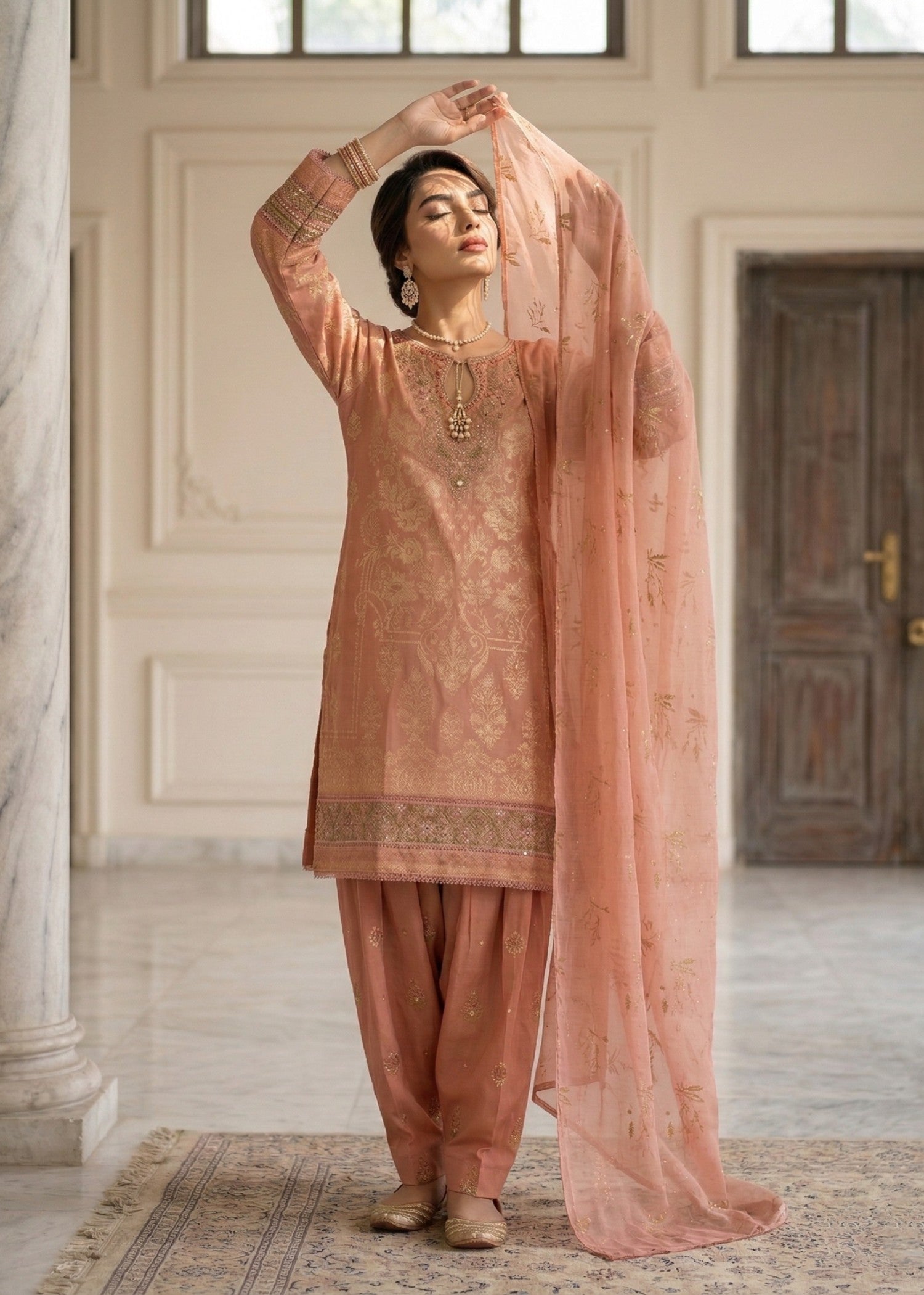 Peach Embroidered Jacquard Straight Kurta Online in Dubai DXB UAE Abudhabi Meena Bazaar