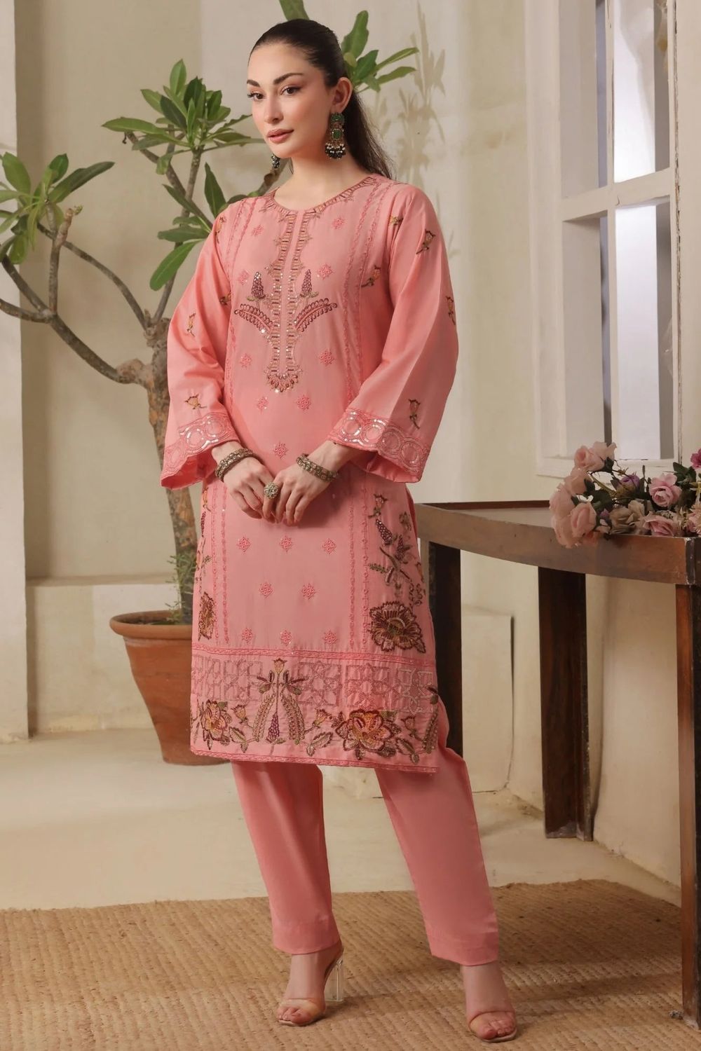Peach Embroidered Lawn Cotton Festive Suit Online in Dubai UAE Abudhabi Ajman Sharjah