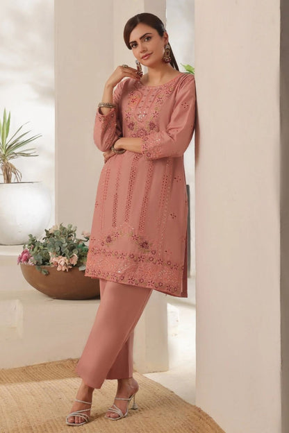 Peach Embroidered Lawn Cotton Partywear Suit Online in Dubai UAE Abudhabi Ajman Sharjah