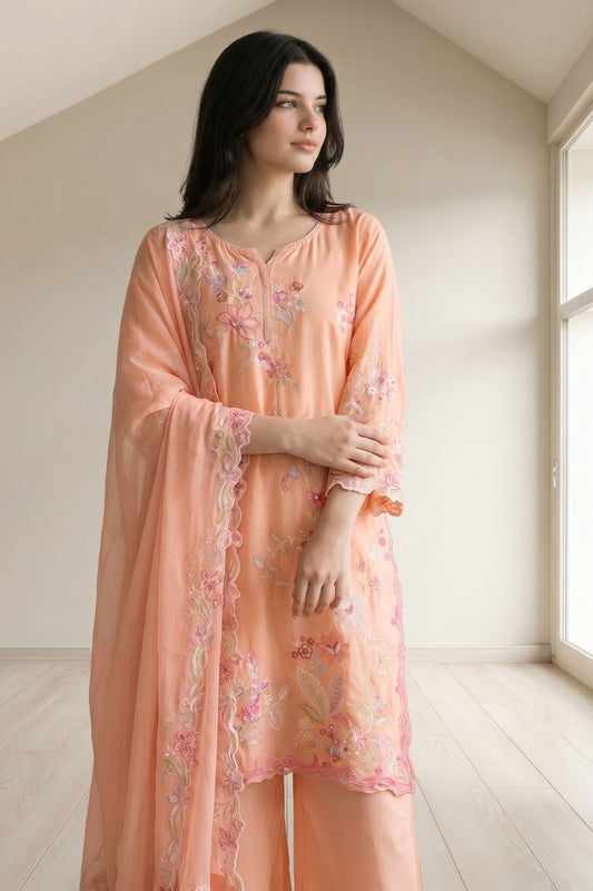 Peach Embroidered Lawn Cotton Salwar Suit Online in Dubai UAE Abudhabi Ajman Sharjah