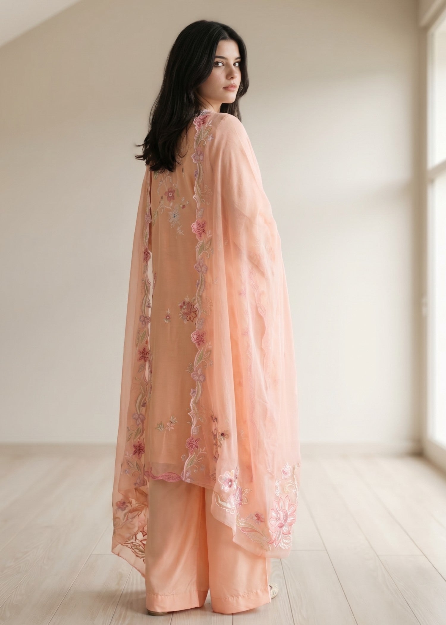 Peach Embroidered Lawn Cotton Straight Kurta Set Online in Sri Lanka India Australia