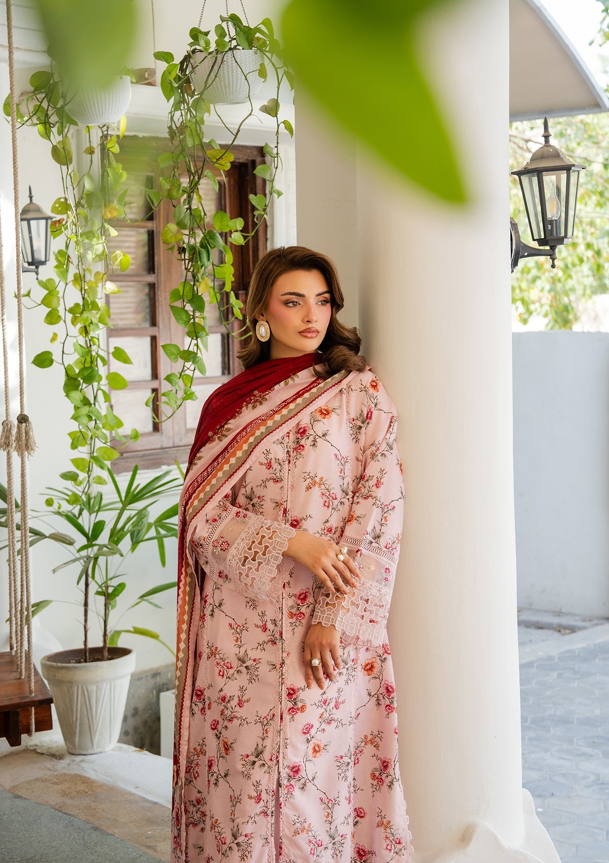 Peach Embroidered Lawn Dress Online in Dubai UAE Abudhabi Ajman Sharjah