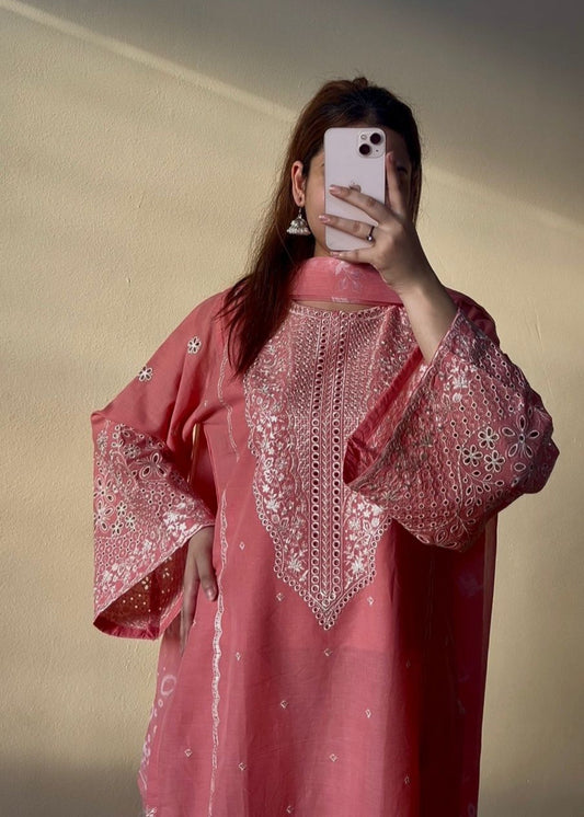 Peach Embroidered Lawn Kurta Pajama Online in Dubai DXB UAE Abudhabi Meena Bazaar