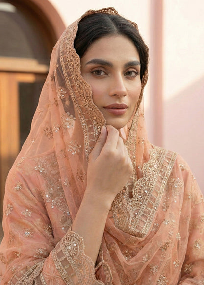 Peach Embroidered Lawn Kurta with Organza Dupatta Online in Dubai DXB UAE Abudhabi Meena Bazaar
