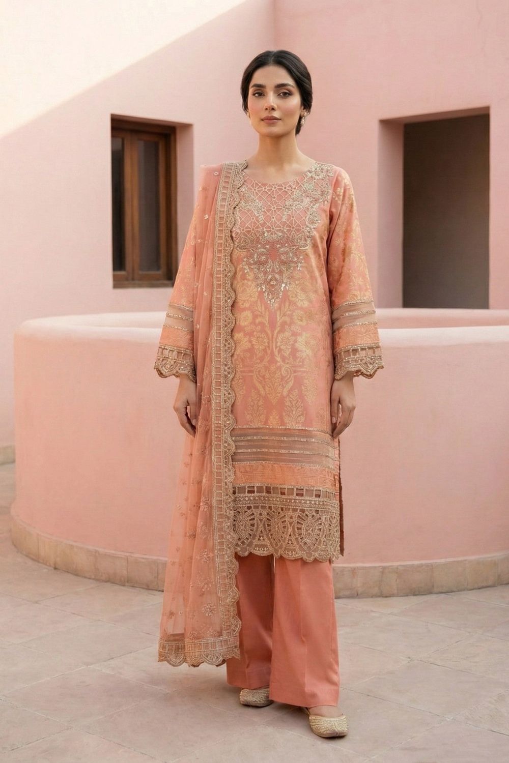 Peach Embroidered Lawn Straight Kurta Suit Online in Dubai UAE Abudhabi Ajman Sharjah