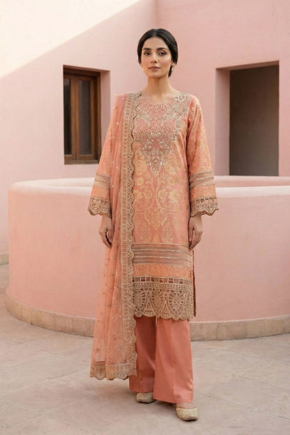 Peach Embroidered Lawn Straight Kurta Suit Online in Dubai UAE Abudhabi Ajman Sharjah