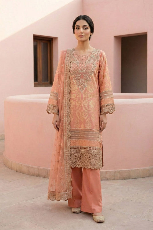 Peach Embroidered Lawn Straight Kurta Suit Online in Dubai UAE Abudhabi Ajman Sharjah