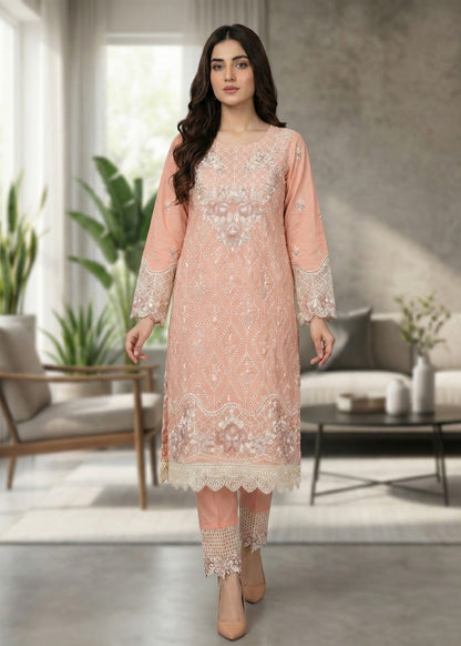 Peach Embroidered Lawn Three Piece Suit Online in Dubai DXB UAE Abudhabi Meena Bazaar