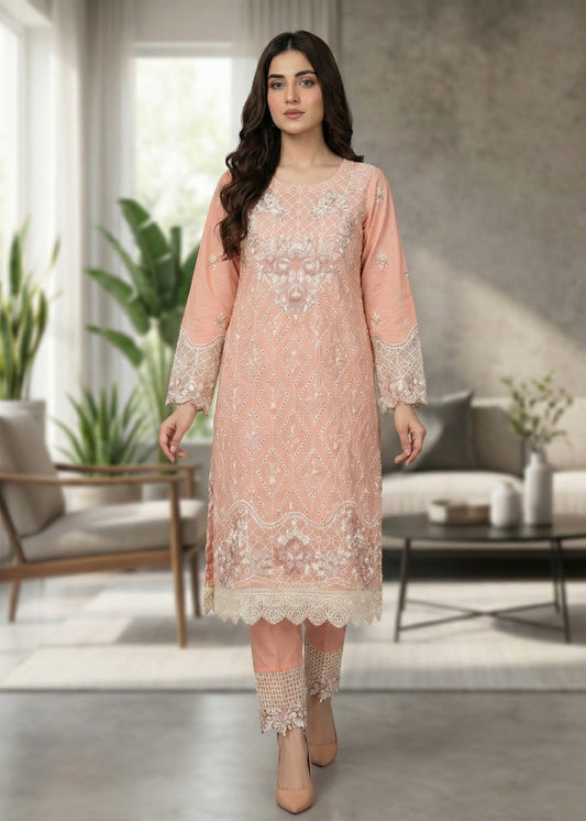 Peach Embroidered Lawn Three Piece Suit Online in Dubai DXB UAE Abudhabi Meena Bazaar