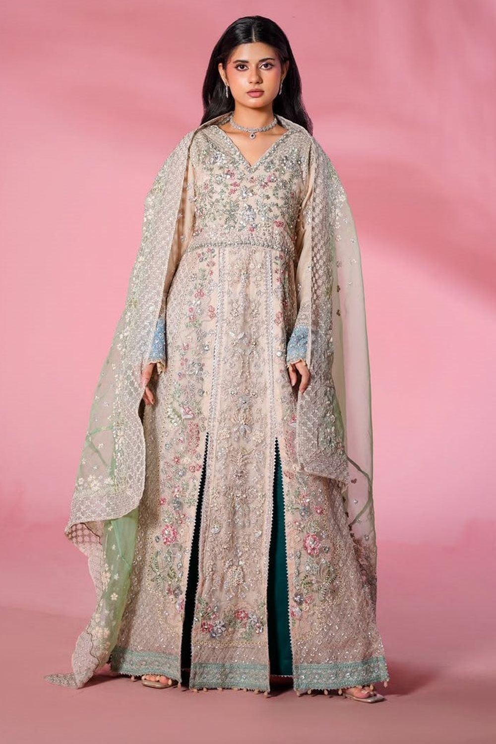 Peach Embroidered Net A-Line Suit Online in Dubai UAE Abudhabi Ajman Sharjah