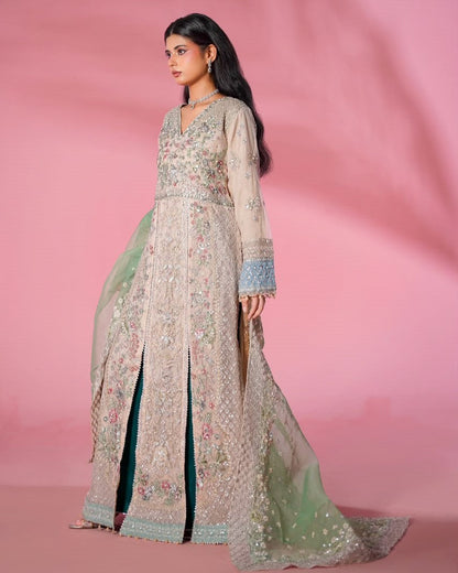 Peach Embroidered Net Partywear Suit Online in KSA Riyadh Saudi Arabia Oman Bahrain Qatar