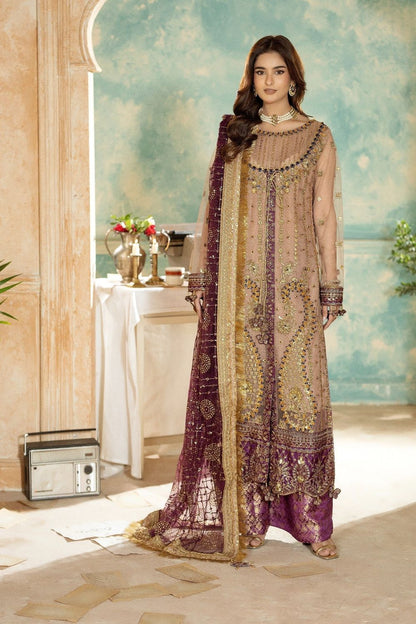 Peach Embroidered Net Wedding Guest Wear Suit Online in Dubai UAE Abudhabi Ajman Sharjah