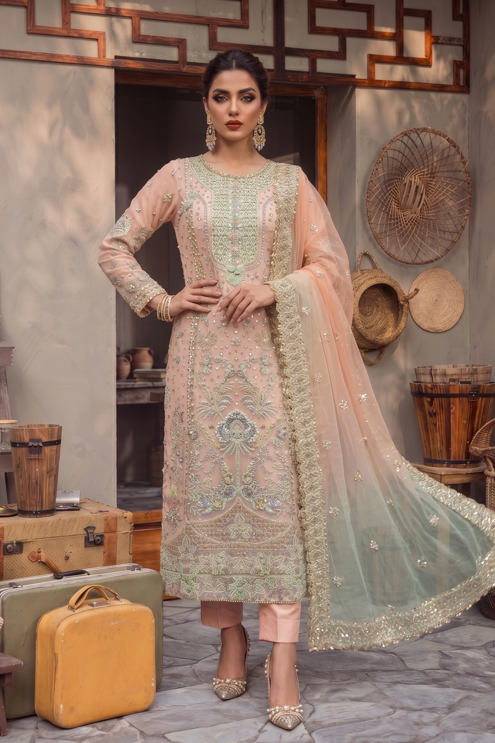 Peach Embroidered Organza Festive Suit Online in Dubai UAE Abudhabi Ajman Sharjah