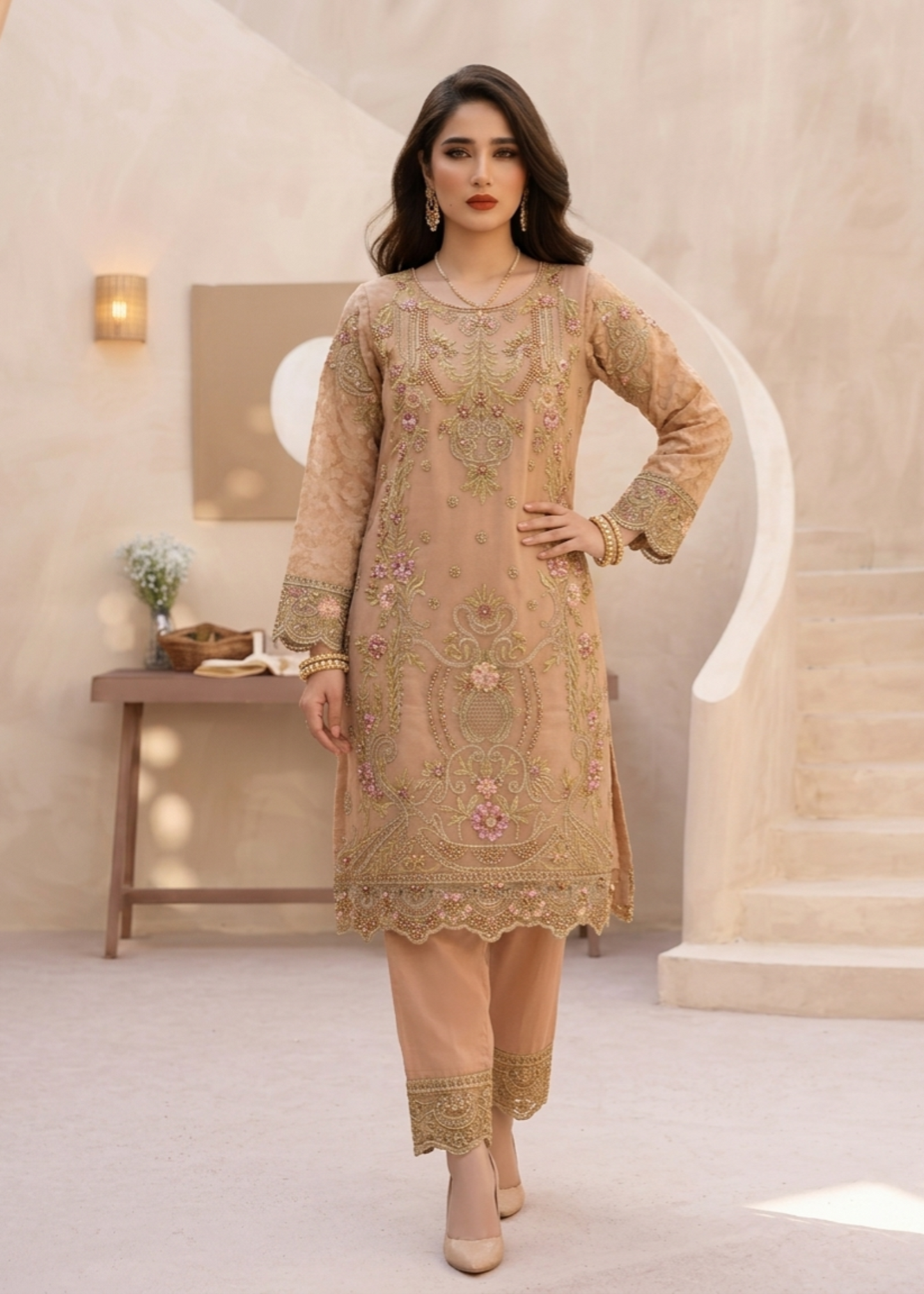 Peach Embroidered Organza Festive Wear Online in Sri Lanka India Australia