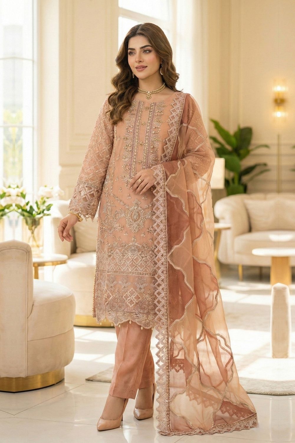 Peach Embroidered Organza Festive Wear Suit Online in Dubai UAE Abudhabi Ajman Sharjah