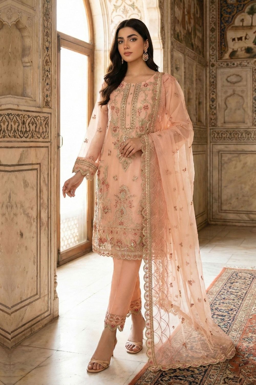 Peach Embroidered Organza Partywear Suit Online in Dubai UAE Abudhabi Ajman Sharjah