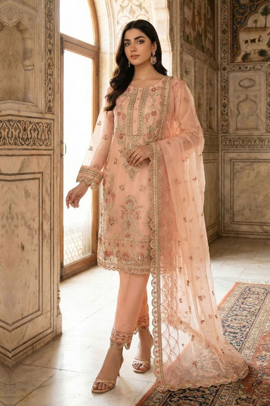 Peach Embroidered Organza Partywear Suit Online in Dubai UAE Abudhabi Ajman Sharjah