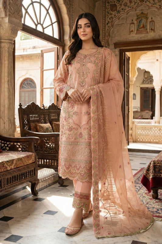 Peach Embroidered Organza Salwar Kameez Online in Dubai UAE Abudhabi Ajman Sharjah