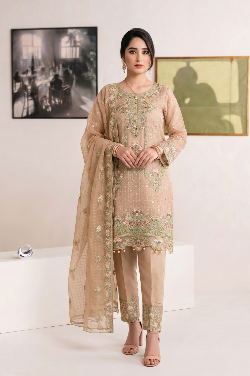 Peach Embroidered Organza Salwar Kameez Online in Dubai UAE Abudhabi Ajman Sharjah
