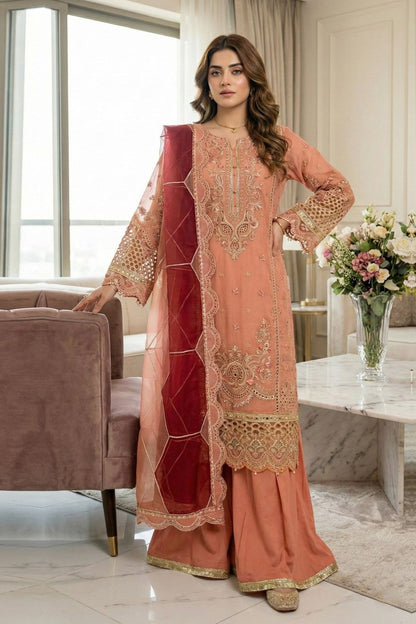 Peach Embroidered Organza Sharara Suit Online in Dubai UAE Abudhabi Ajman Sharjah