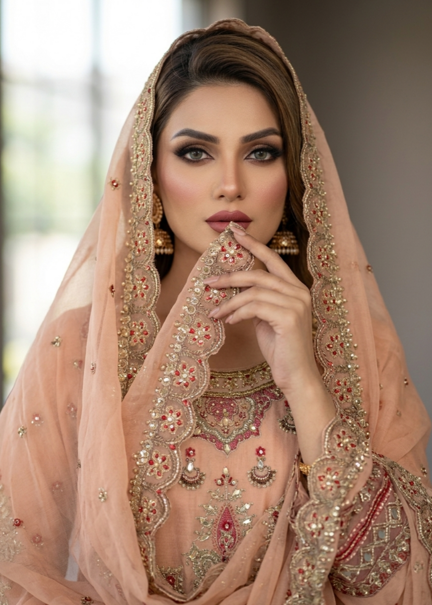 Peach Embroidered Organza Three Piece Suit Online in Dubai DXB UAE Abudhabi Meena Bazaar