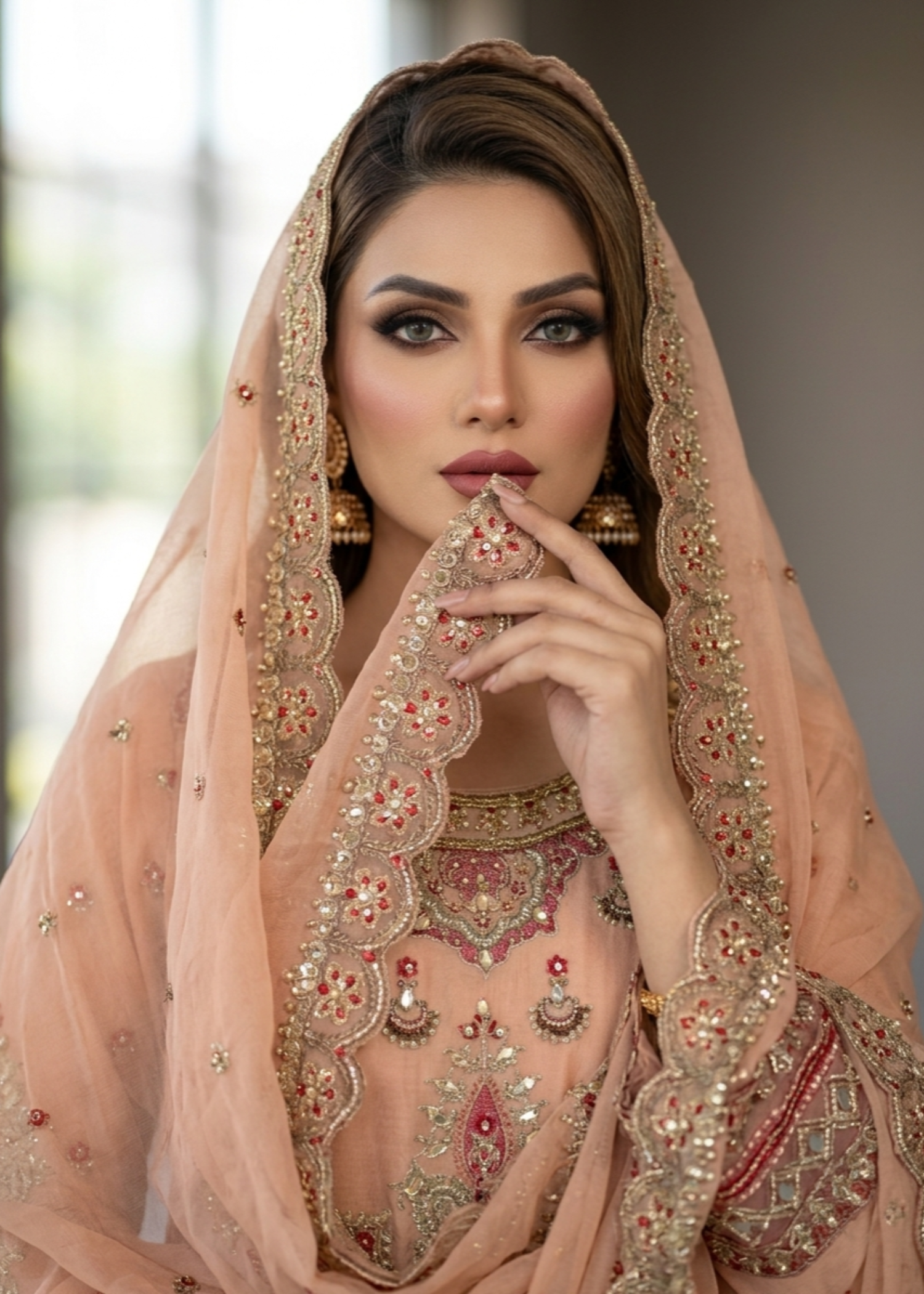 Peach Embroidered Organza Three Piece Suit Online in Dubai DXB UAE Abudhabi Meena Bazaar