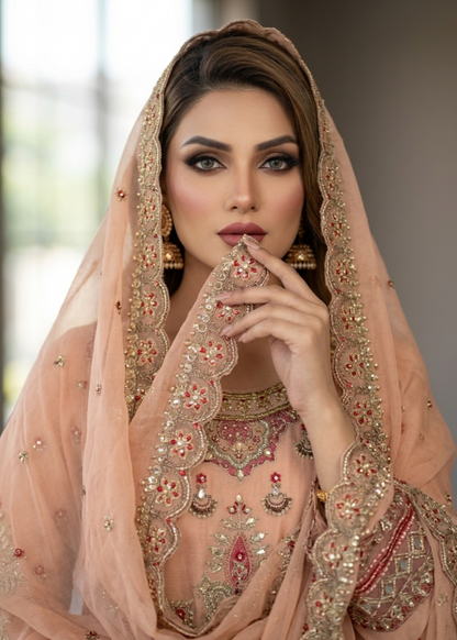 Peach Embroidered Organza Three Piece Suit Online in Dubai DXB UAE Abudhabi Meena Bazaar