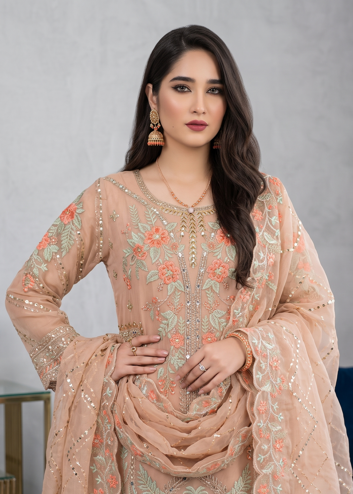 Peach Embroidered Pakistani Suit Online in Dubai DXB UAE Abudhabi Meena Bazaar