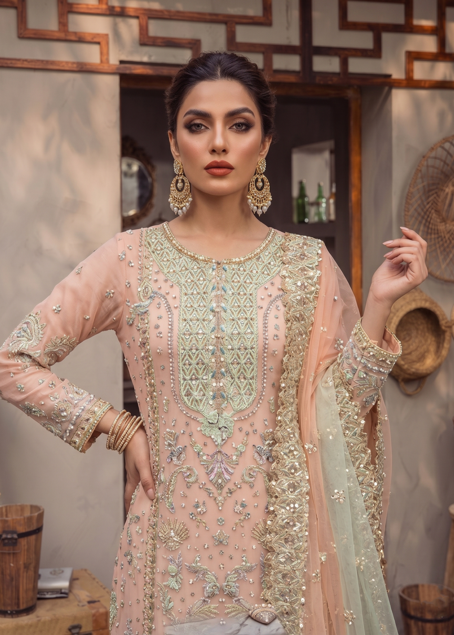 Peach Embroidered Raw Silk Festive Salwar Suit Online in Sri Lanka India Australia