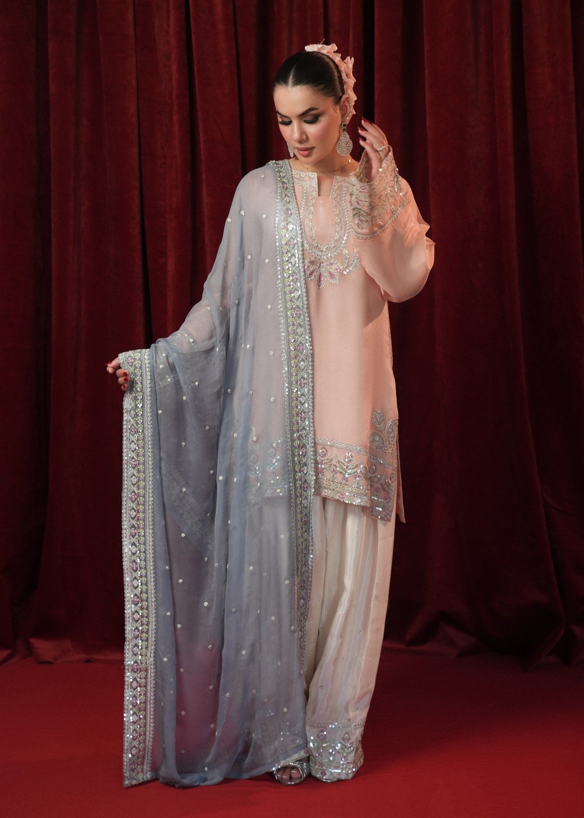 Peach Embroidered Silk Pakistani Salwar Suit Online in KSA Riyadh Saudi Arabia Oman Bahrain Qatar