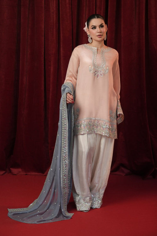 Peach Embroidered Silk Suit Online in Dubai UAE Abudhabi Ajman Sharjah