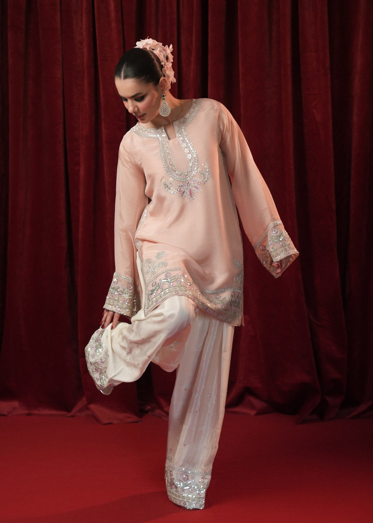 Peach Embroidered Silk Suit with Dupatta Online in Dubai DXB UAE Abudhabi Meena Bazaar