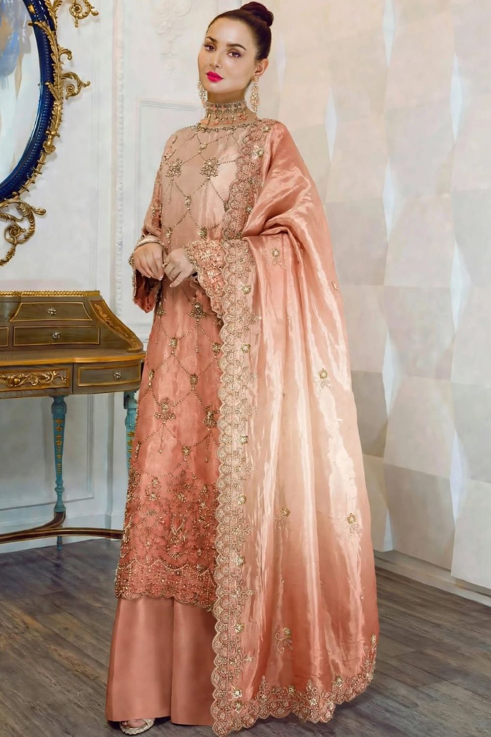 Peach Formal Silk Pakistani Suit Online in Dubai UAE Abudhabi Ajman Sharjah