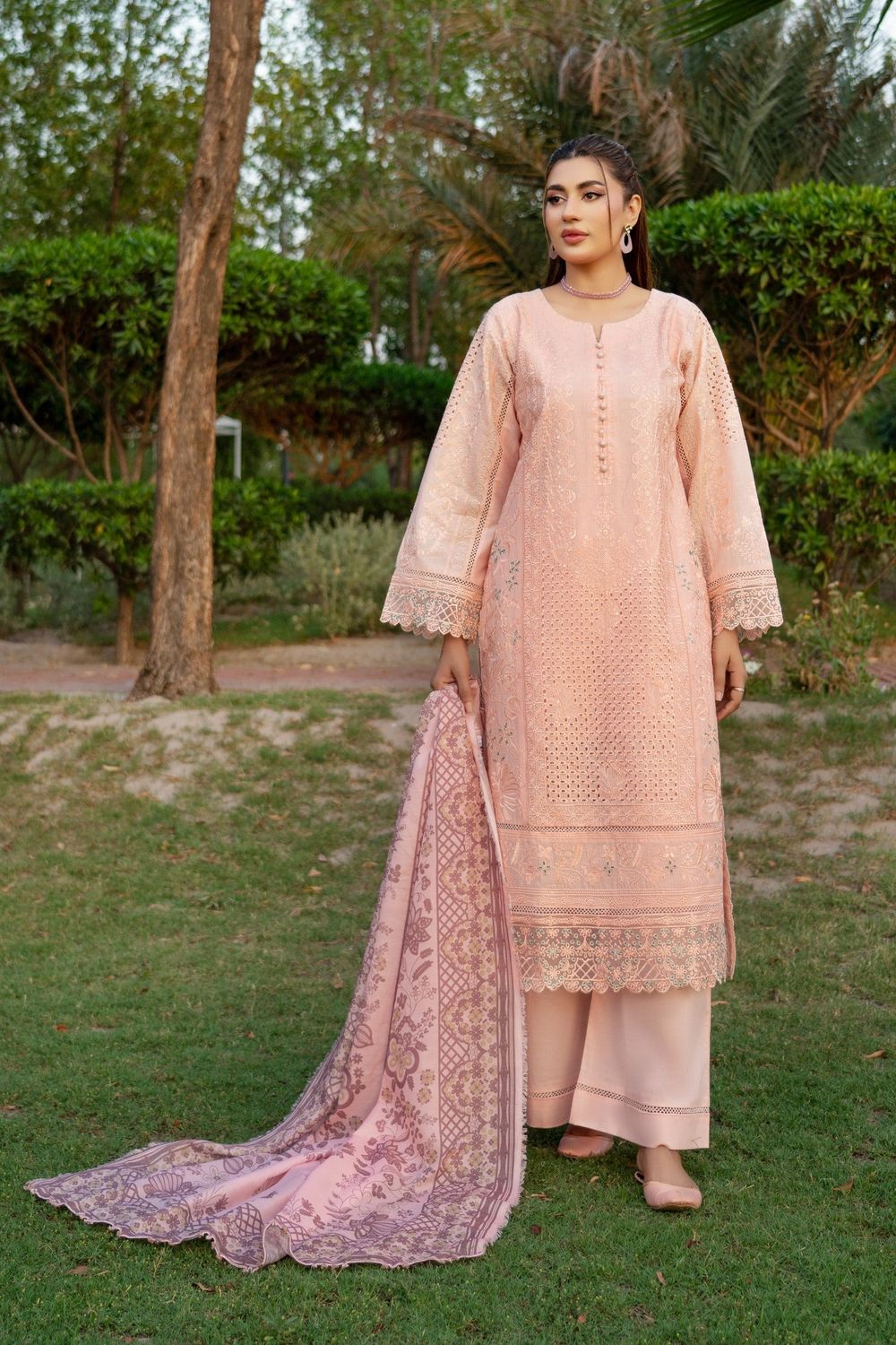 Peach Heavy Embroidered Lawn Salwar Suit Online in Dubai UAE Abudhabi Ajman Sharjah